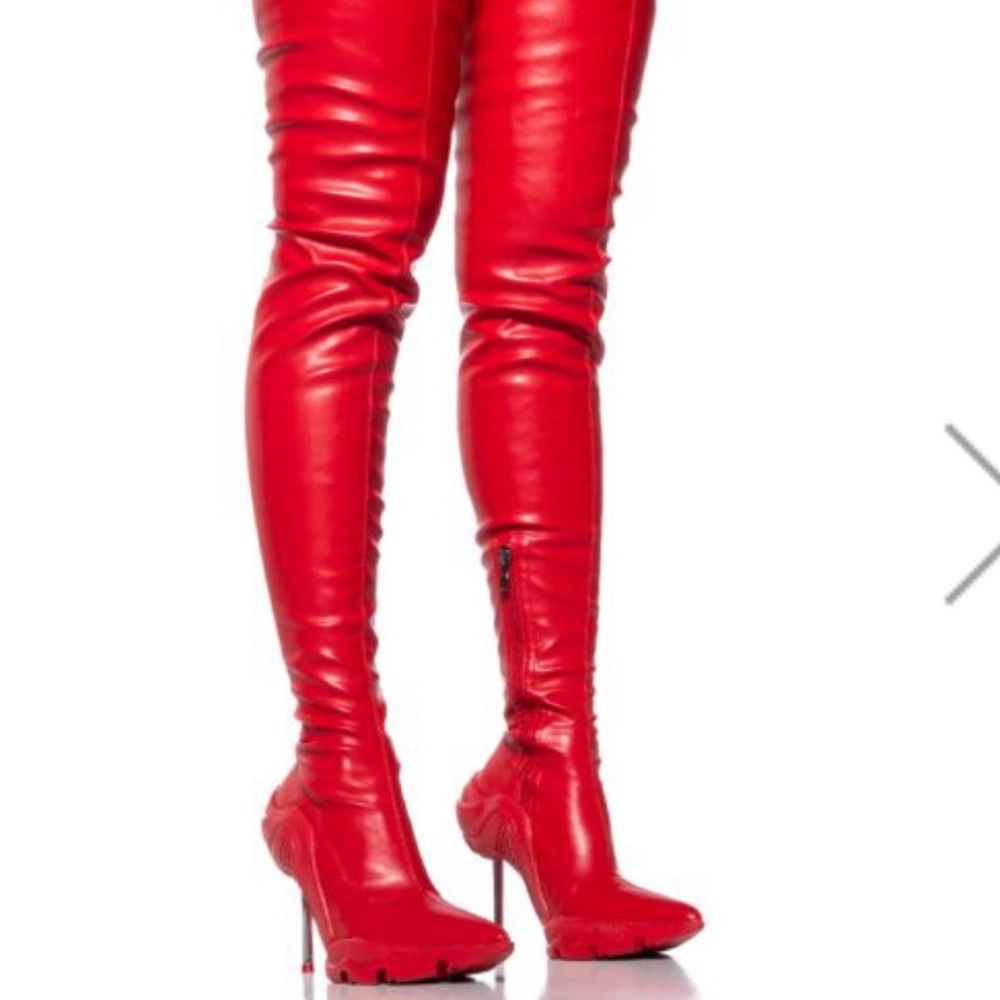AZALEA WANG THIGH HIGH STILETTO BOOT IN RED